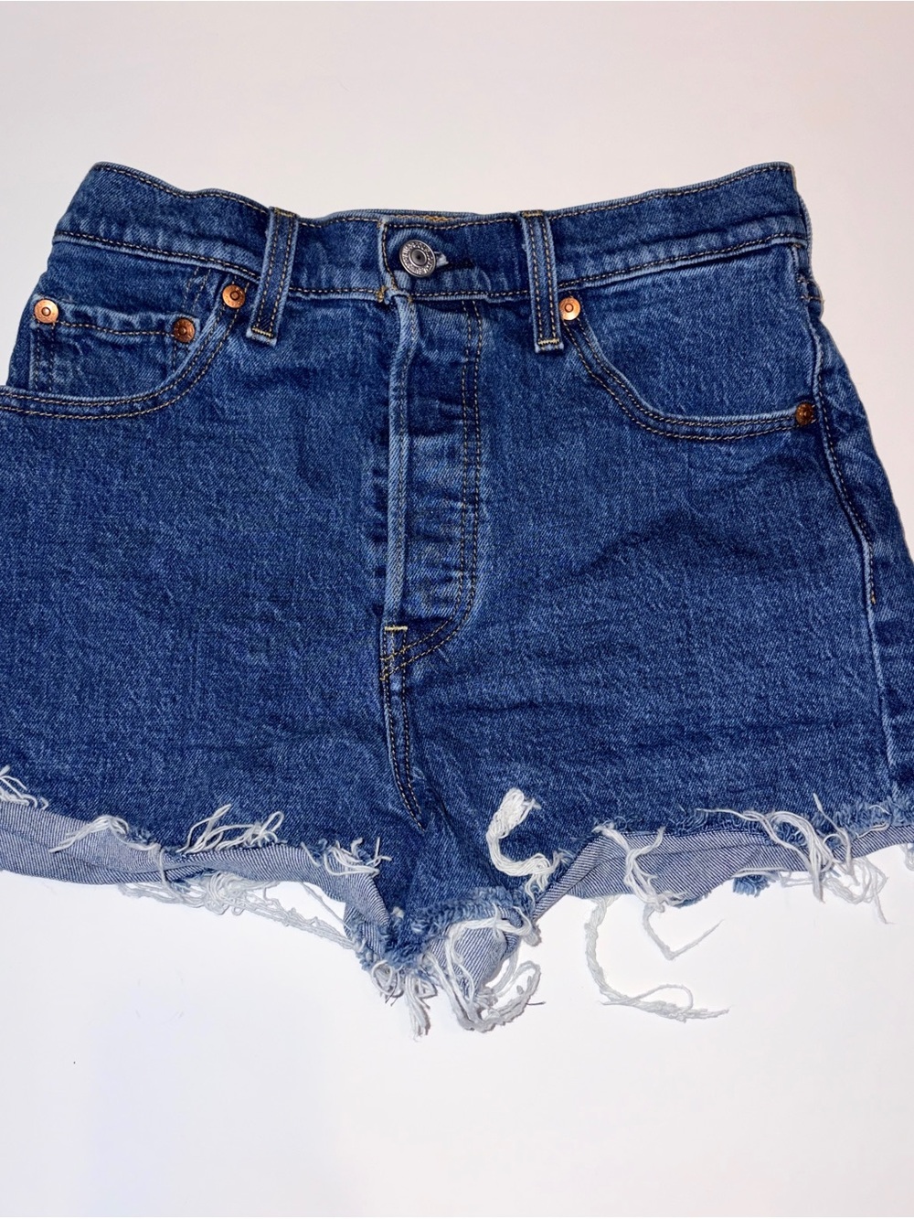 Levi's Dark Blue Frayed Hem Denim Shorts